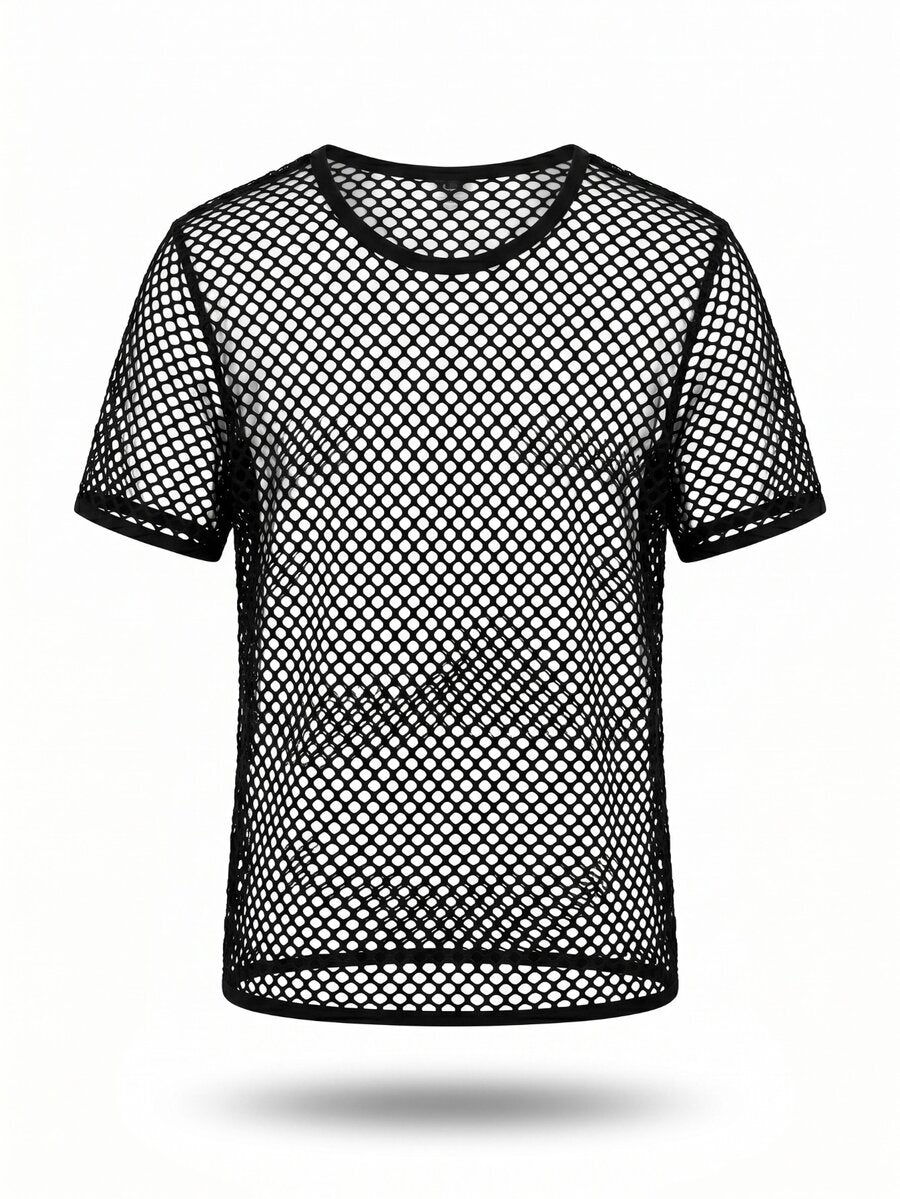 Black men's short sleeve sheer fishnet top with a round neck.