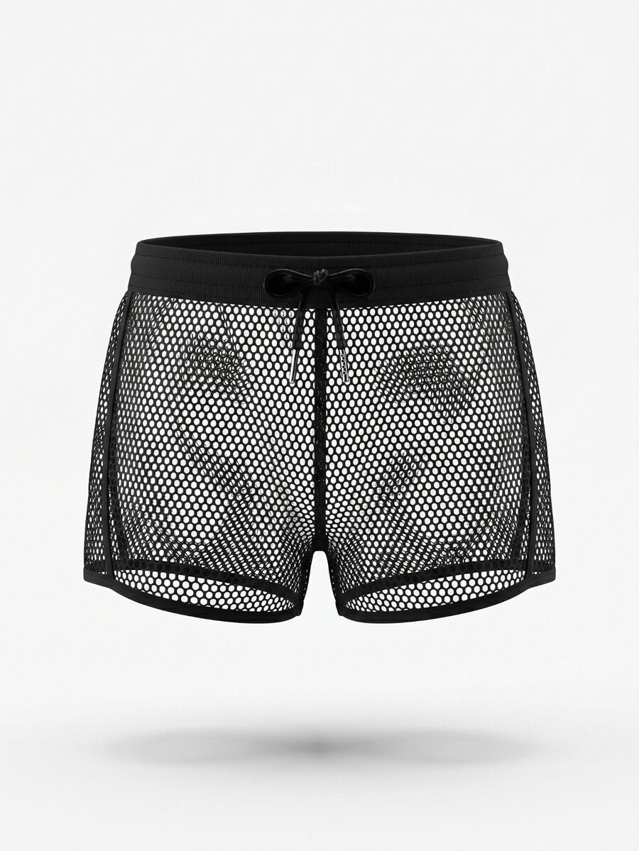 Black men's mesh lace-up boxer shorts with hollow out detail, low rise waistband, and drawstring.