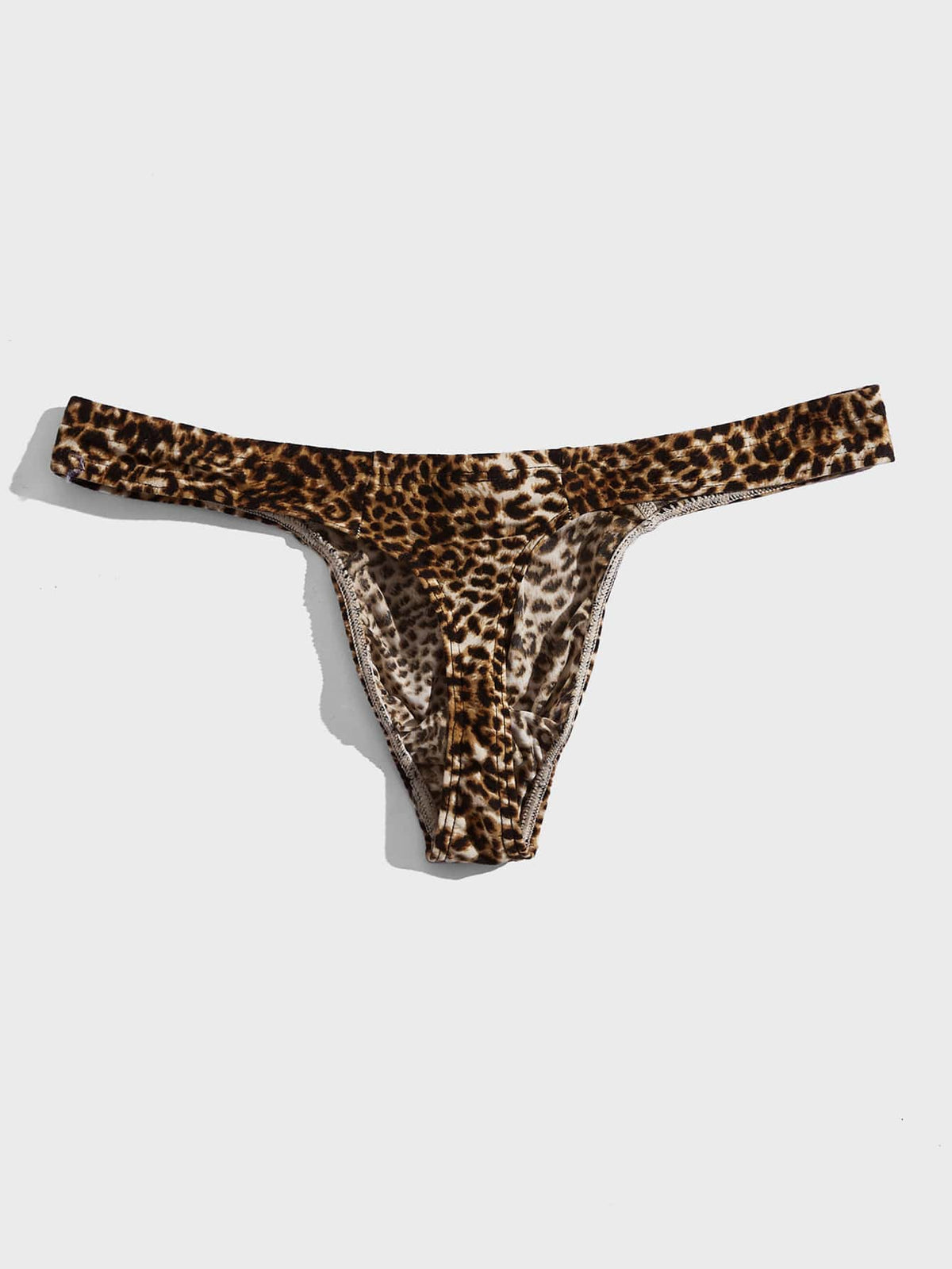 Men's leopard print thong underwear featuring a low-rise fit and high-stretch multicolor fabric.