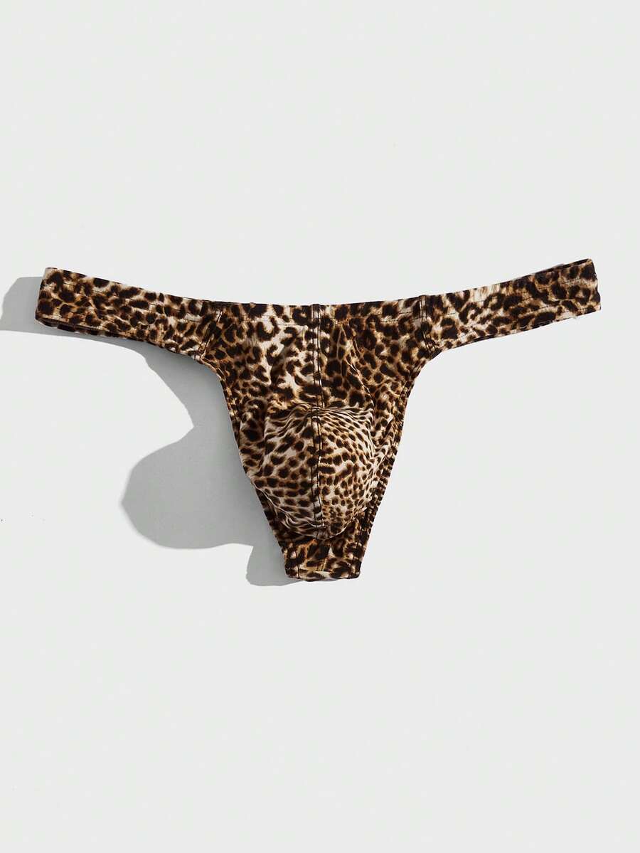 Men's leopard print thong underwear featuring a low-rise fit and high-stretch multicolor fabric.