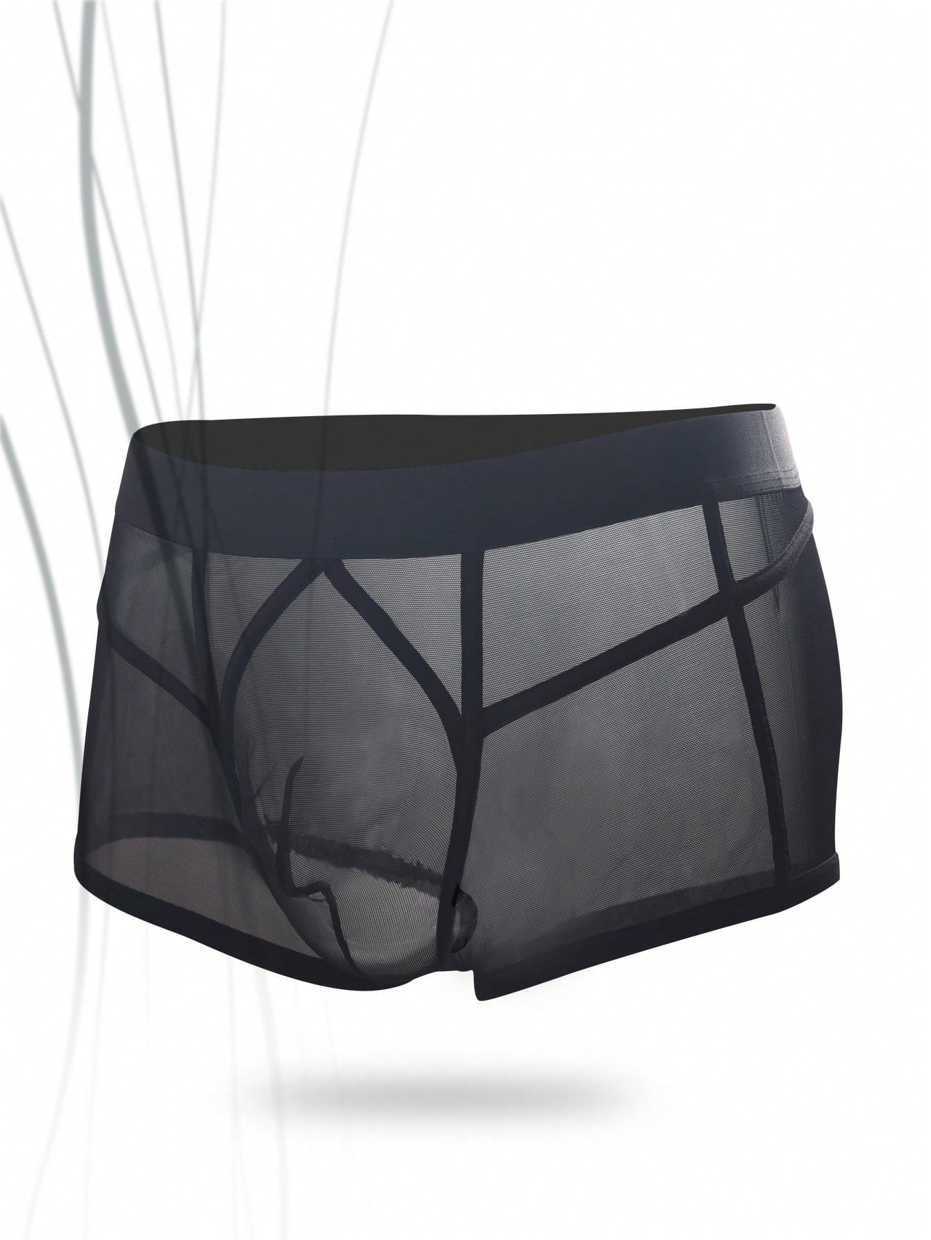Men's black sheer mesh underwear with contrast mesh panels, mid rise waist, plain design, and medium stretch fabric for daily wear.