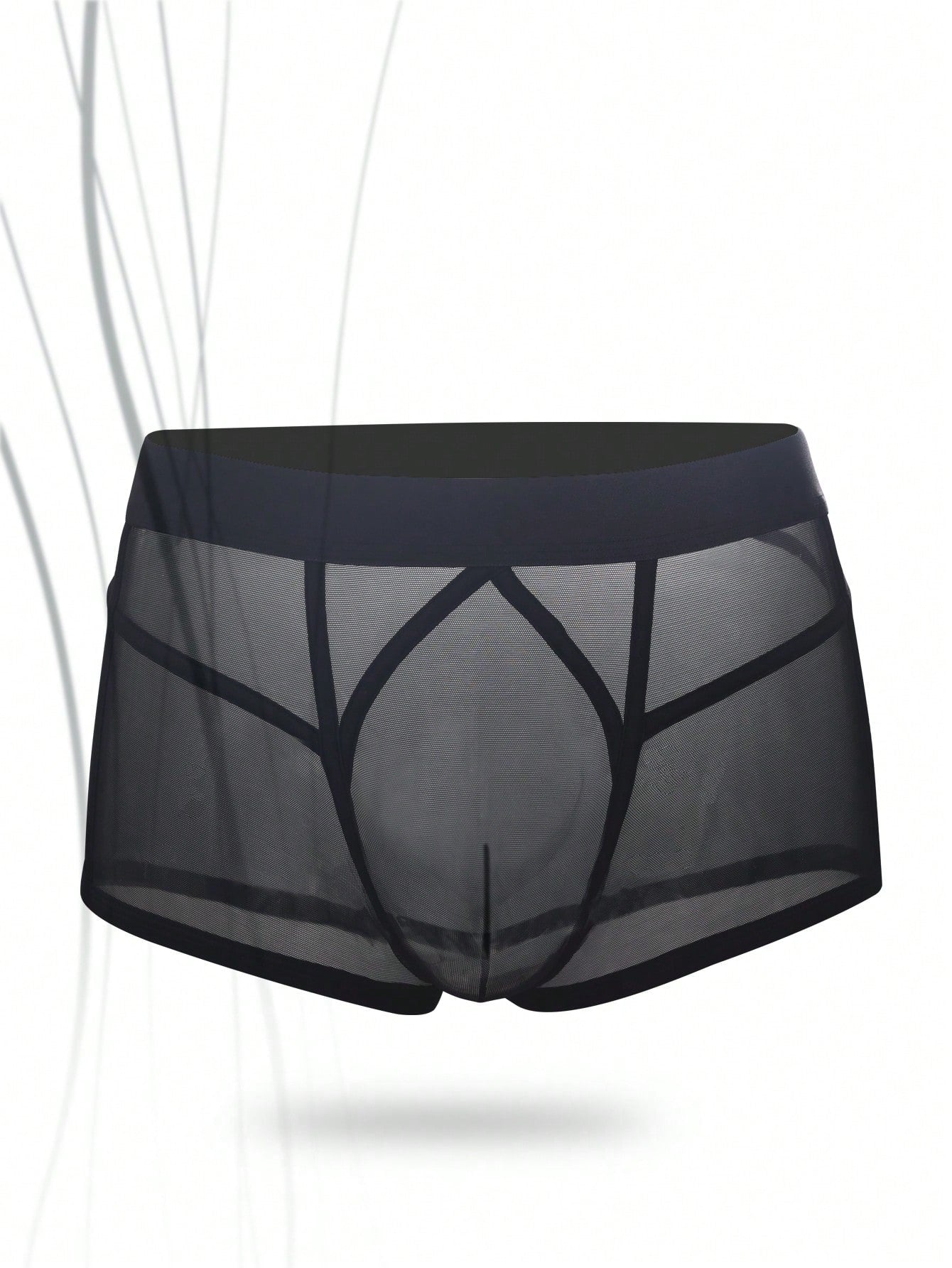 Men's black sheer mesh underwear with contrast mesh panels, mid rise waist, plain design, and medium stretch fabric for daily wear.