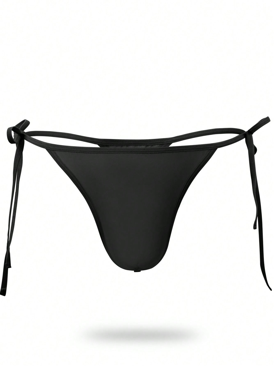 Men's black knitted fabric low-rise thong underwear featuring knot detail.