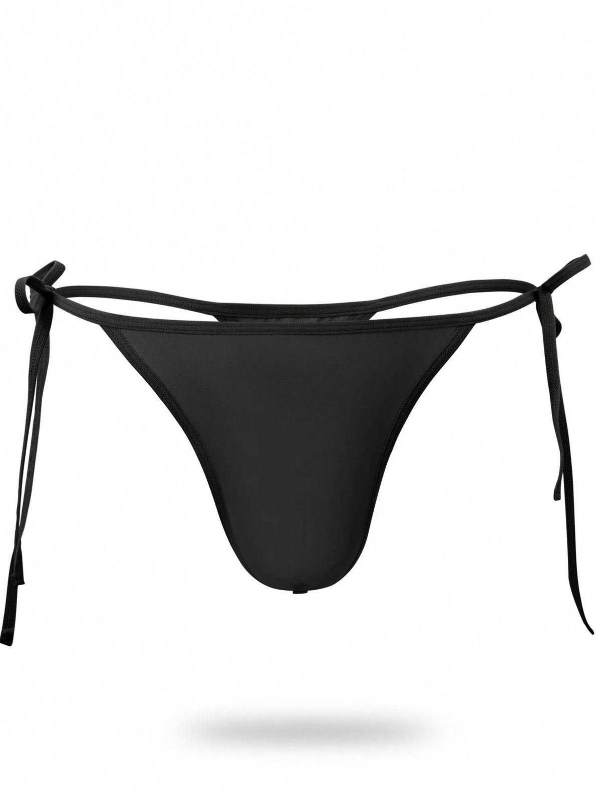 Men's black knitted fabric low-rise thong underwear featuring knot detail.