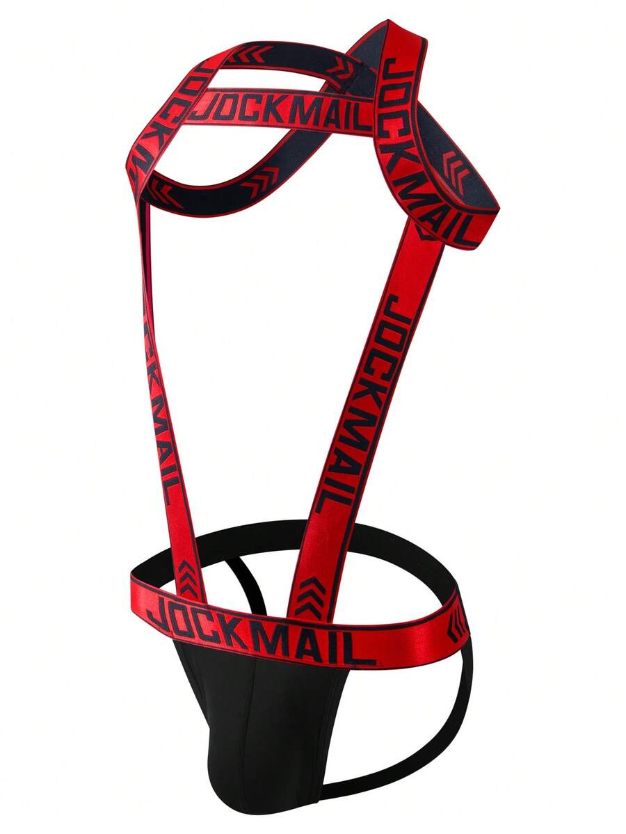Red men's 2-in-1 one-shoulder strap jockstrap underwear with adjustable strap design.