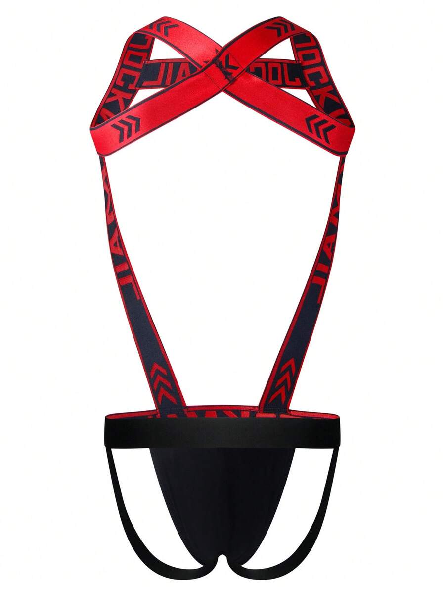 Red men's 2-in-1 one-shoulder strap jockstrap underwear with adjustable strap design.