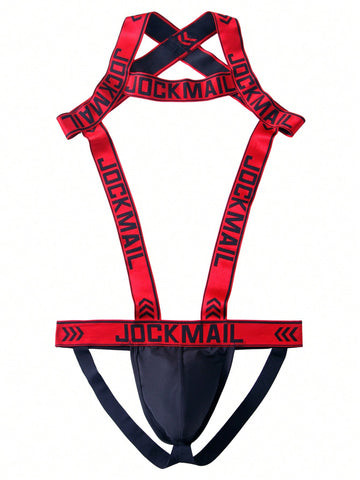 Red men's 2-in-1 one-shoulder strap jockstrap underwear with adjustable strap design.