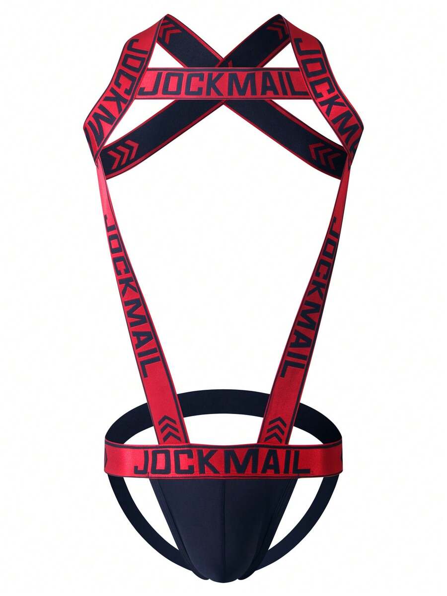 Red men's 2-in-1 one-shoulder strap jockstrap underwear with adjustable strap design.