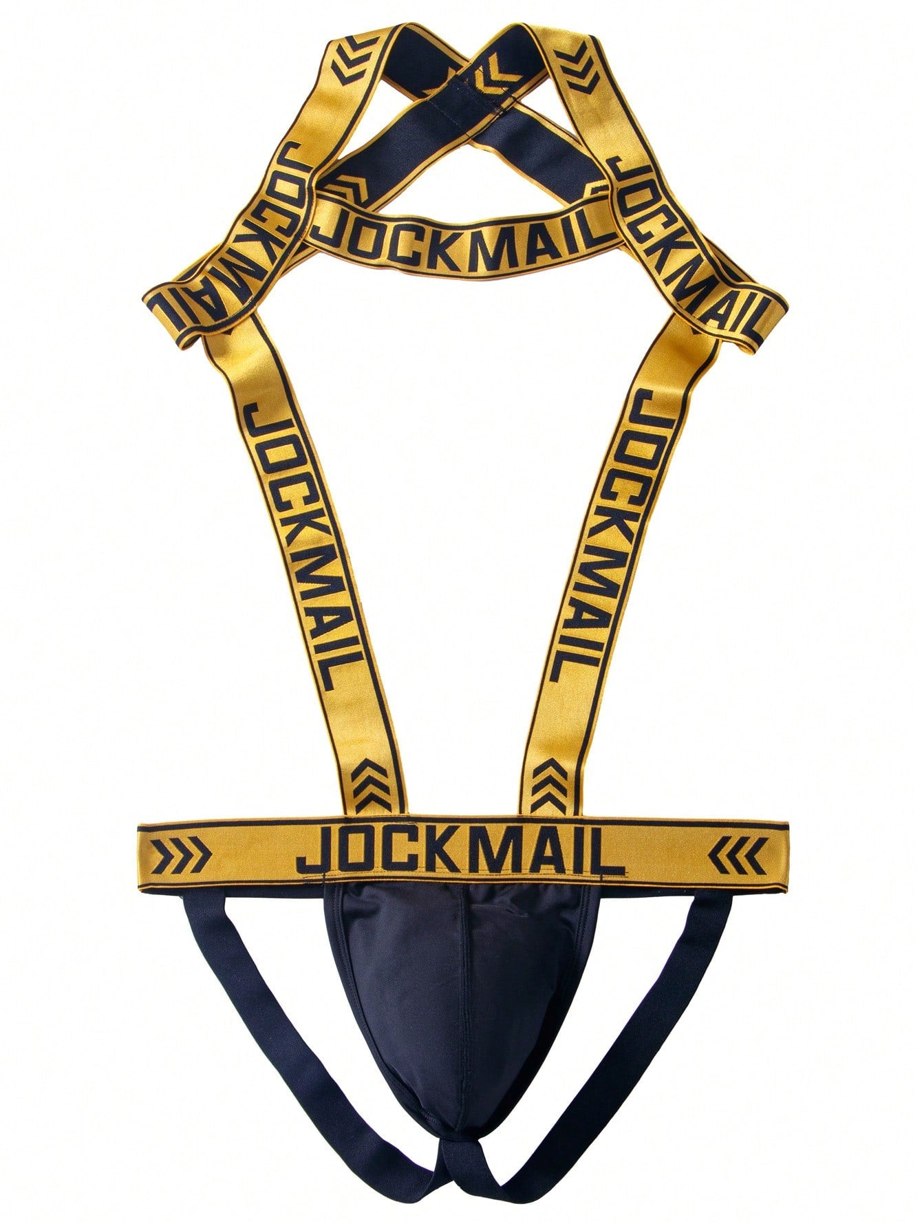 Men's Jockmail 2-in-1 jockstrap underwear with one-shoulder straps, cut-out detail, and medium-stretch polyester elastane fabric.