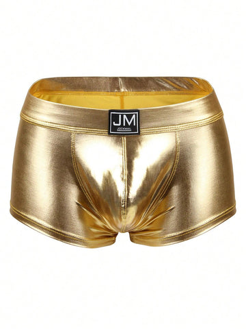 Gold men's glossy stage reflective faux leather trunks featuring mid-rise waistband and stretch fabric.