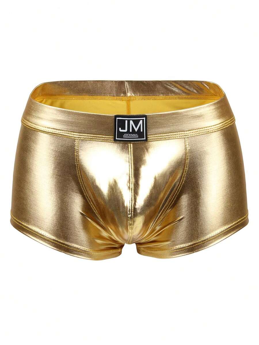 Gold men's glossy stage reflective faux leather trunks featuring mid-rise waistband and stretch fabric.
