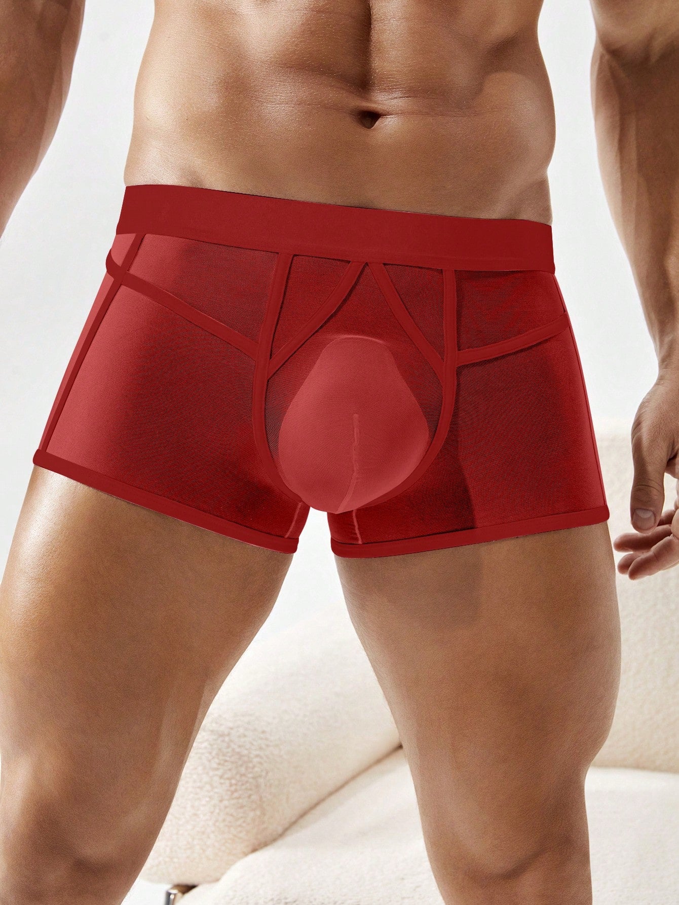 Men's mesh boxer shorts with colorblock design, contrast trim, and mid-rise fit.
