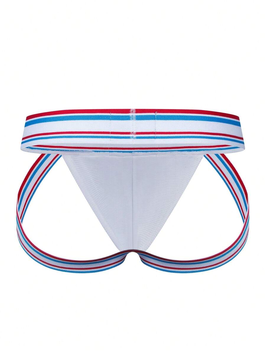 White low rise men's sports jockstrap underwear with tape detail and breathable stretch fabric.