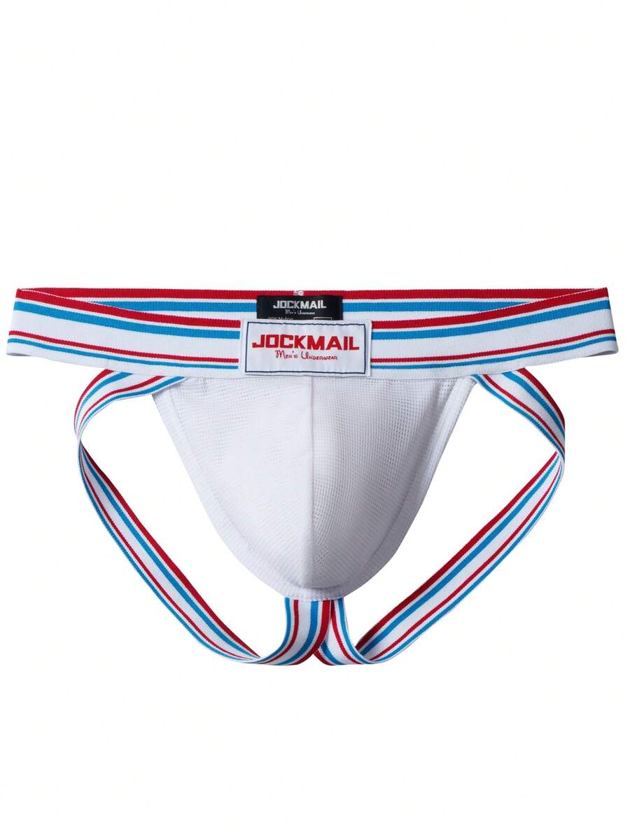 White low rise men's sports jockstrap underwear with tape detail and breathable stretch fabric.