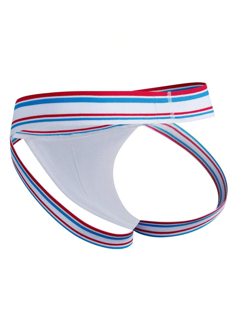 White low rise men's sports jockstrap underwear with tape detail and breathable stretch fabric.