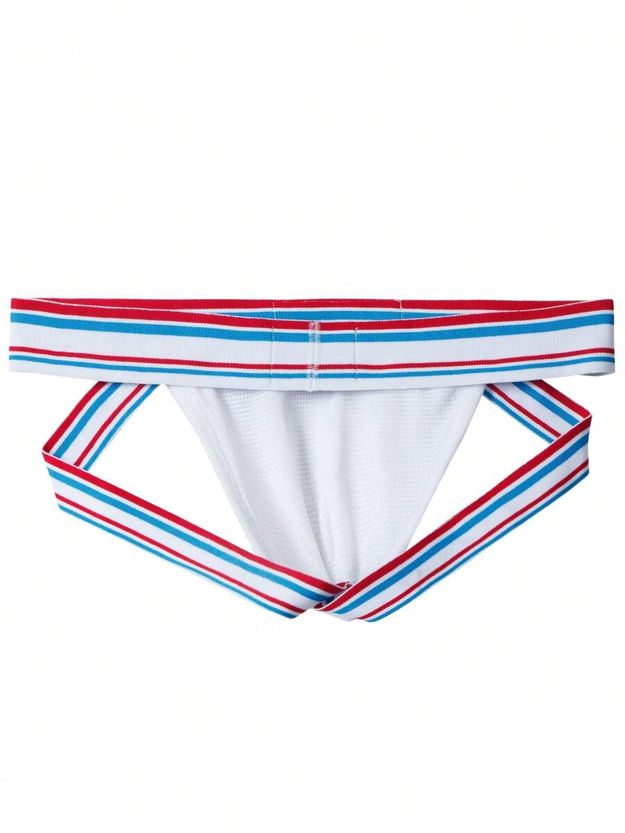 White low rise men's sports jockstrap underwear with tape detail and breathable stretch fabric.