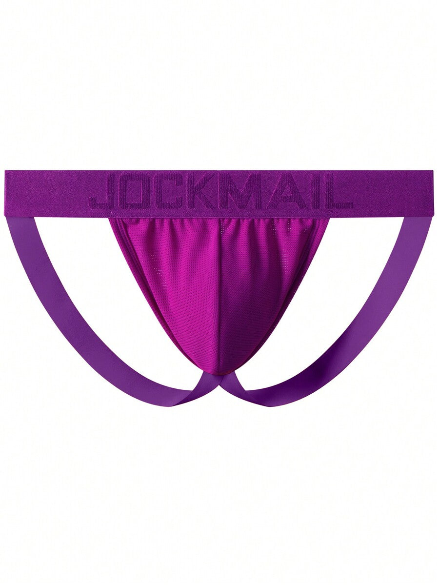 Pink men's low rise thong underwear featuring a minimalist sports brief cut and medium stretch fabric.