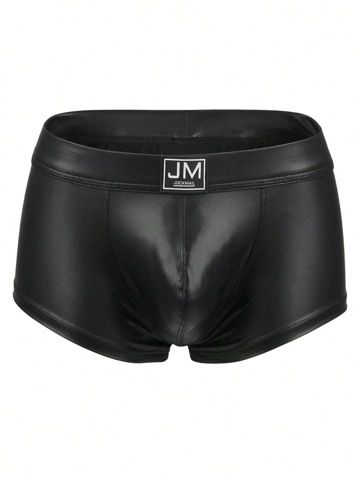 Gold men's glossy stage reflective faux leather trunks featuring mid-rise waistband and stretch fabric.