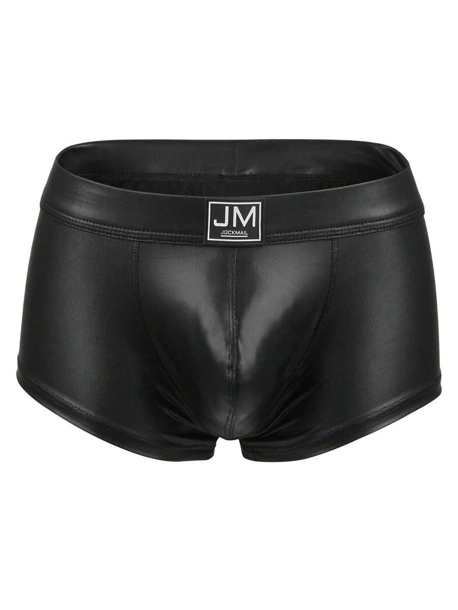 Gold men's glossy stage reflective faux leather trunks featuring mid-rise waistband and stretch fabric.
