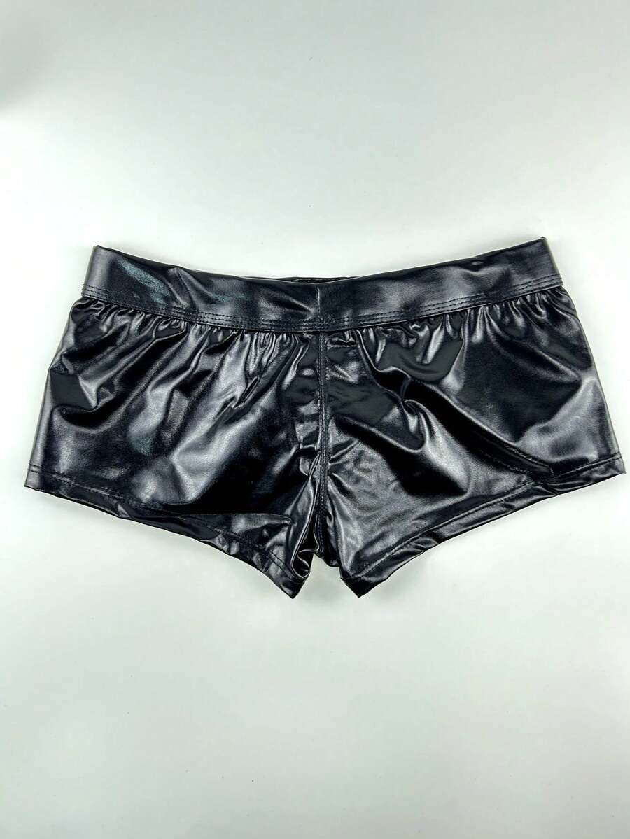 Gold men's glossy stage reflective faux leather trunks featuring mid-rise waistband and stretch fabric.