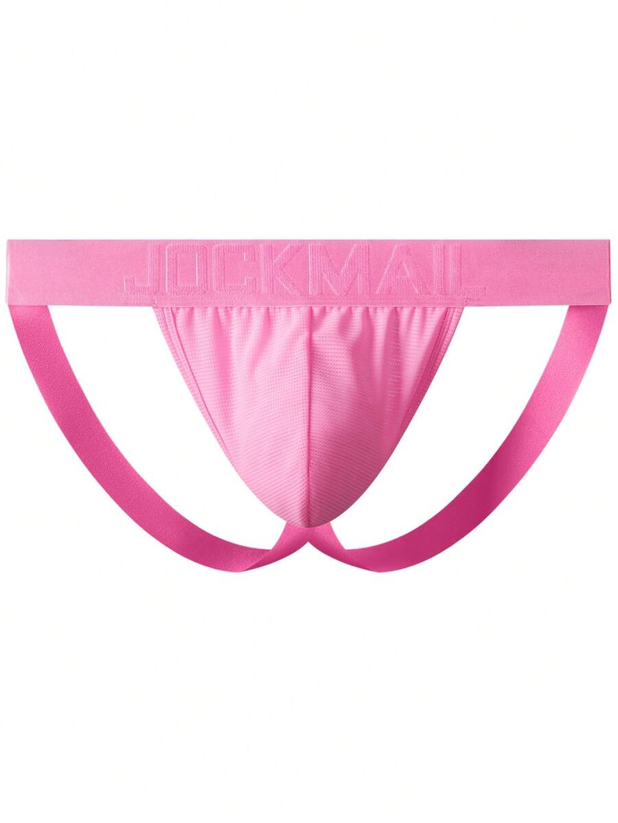 Pink men's low rise thong underwear featuring a minimalist sports brief cut and medium stretch fabric.