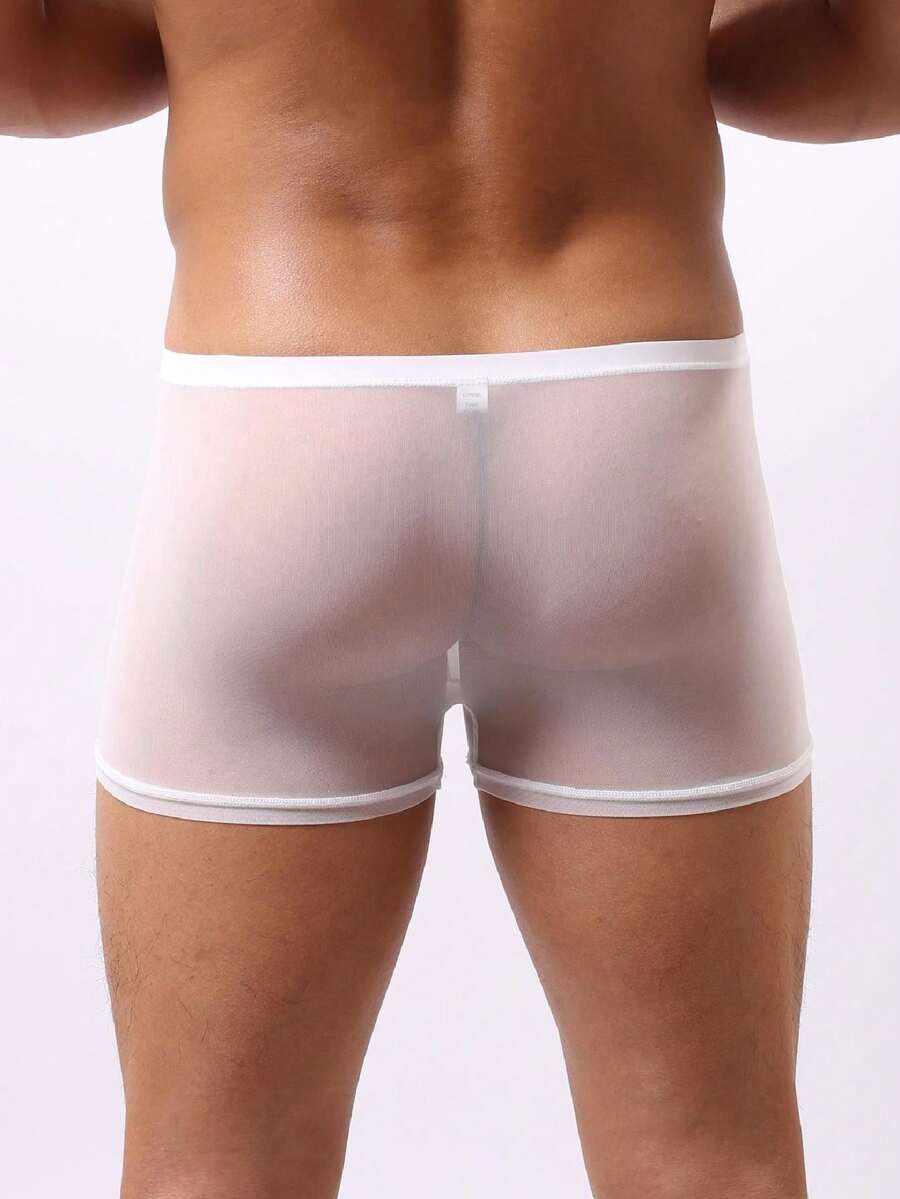 White see-through mesh men's low rise hipster briefs with contrast binding detail