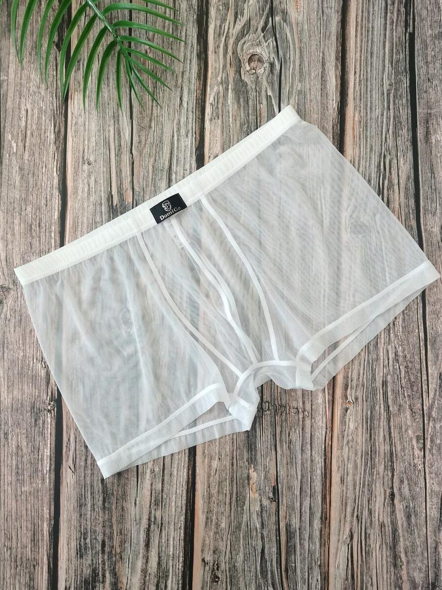 White see-through mesh men's low rise hipster briefs with contrast binding detail