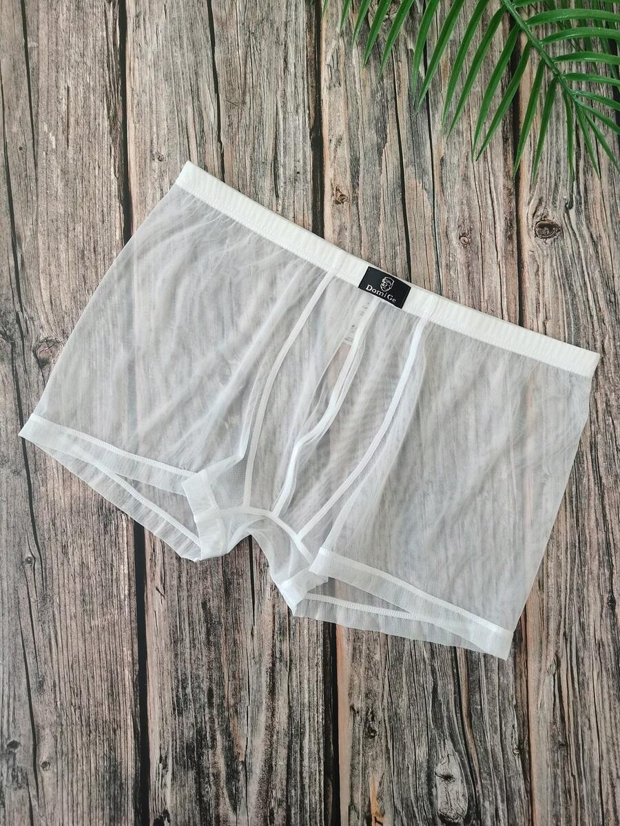 White see-through mesh men's low rise hipster briefs with contrast binding detail