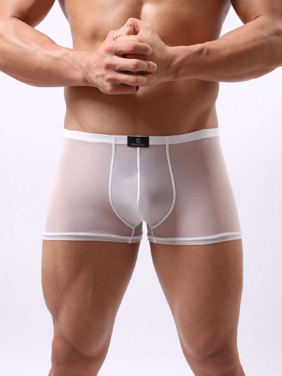 White see-through mesh men's low rise hipster briefs with contrast binding detail