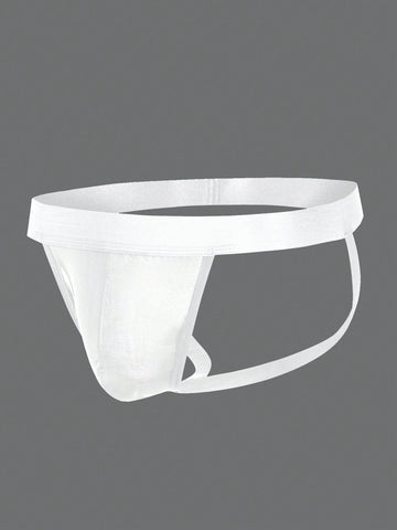 Men's white G-string underwear in knitted fabric with tape detail, mid-rise fit, and medium stretch for daily wear.