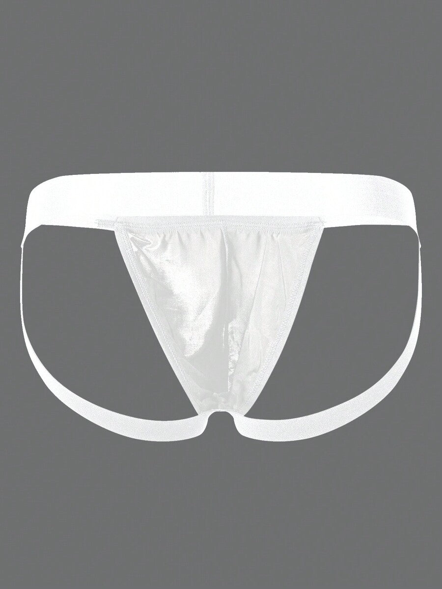 Men's black solid color jockstrap featuring a cut-out back design, tape detailing, and mid-rise waist crafted from medium-stretch knitted fabric.