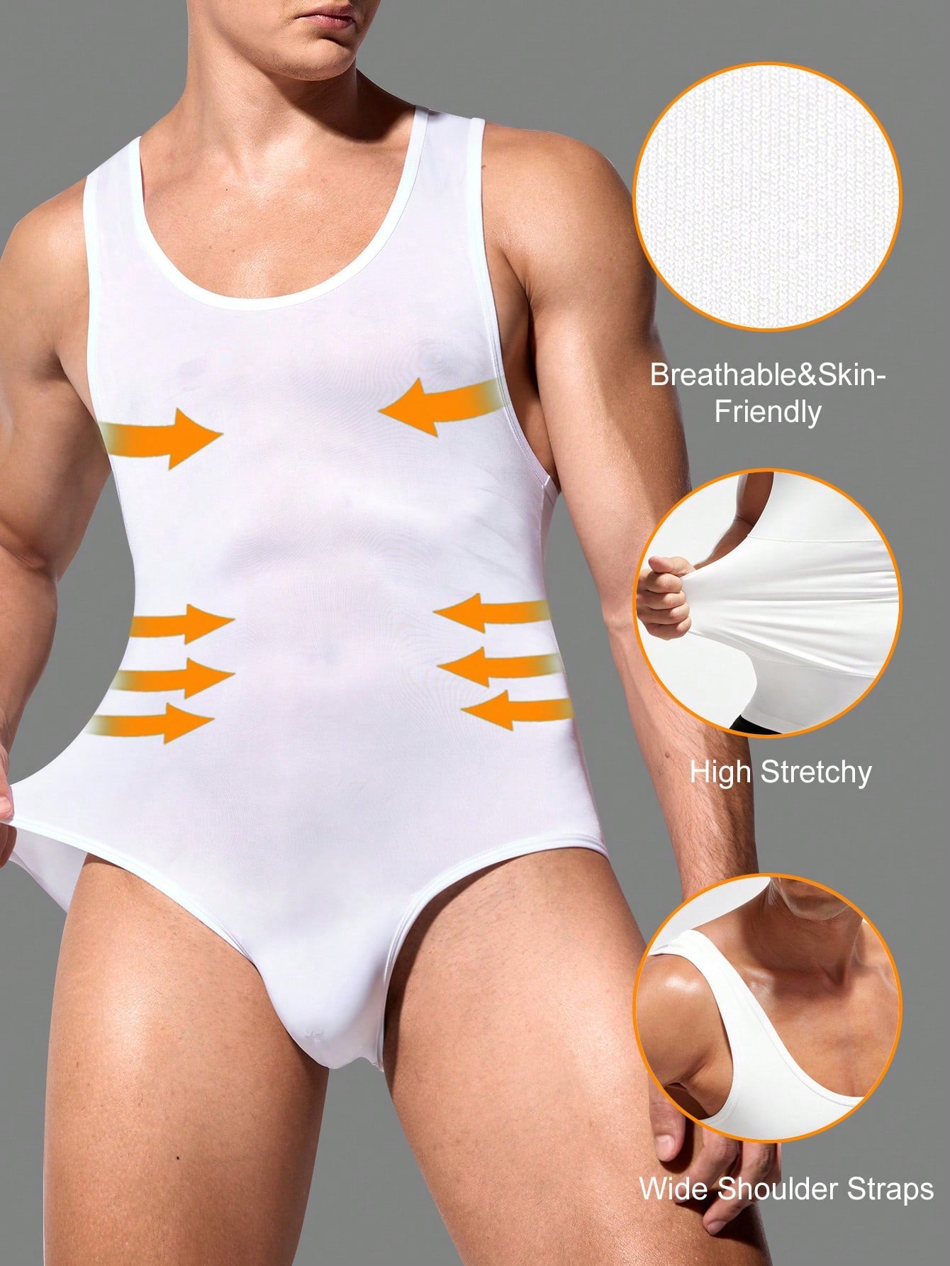 Men's plain sleeveless shapewear bodysuit in knitted fabric with short length and medium stretch, designed for waist support and home wear.