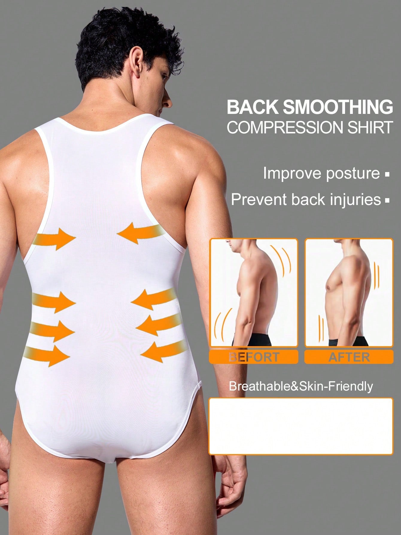 Men's plain sleeveless shapewear bodysuit in knitted fabric with short length and medium stretch, designed for waist support and home wear.