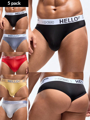 5 pack of men's low rise thongs with letter print design in multicolor knitted fabric
