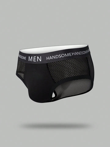 Black men's low rise briefs with cut out detail, letter elastic waistband, and medium-stretch knitted polyamide blend.