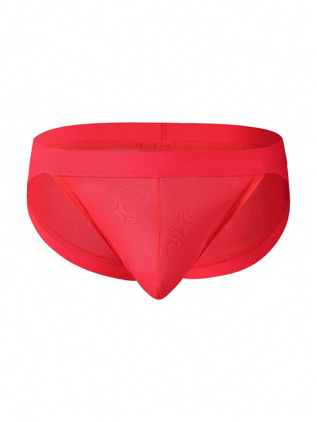 Red men's low rise thong underwear with lace panel, cut-out detail, and medium stretch knitted fabric.