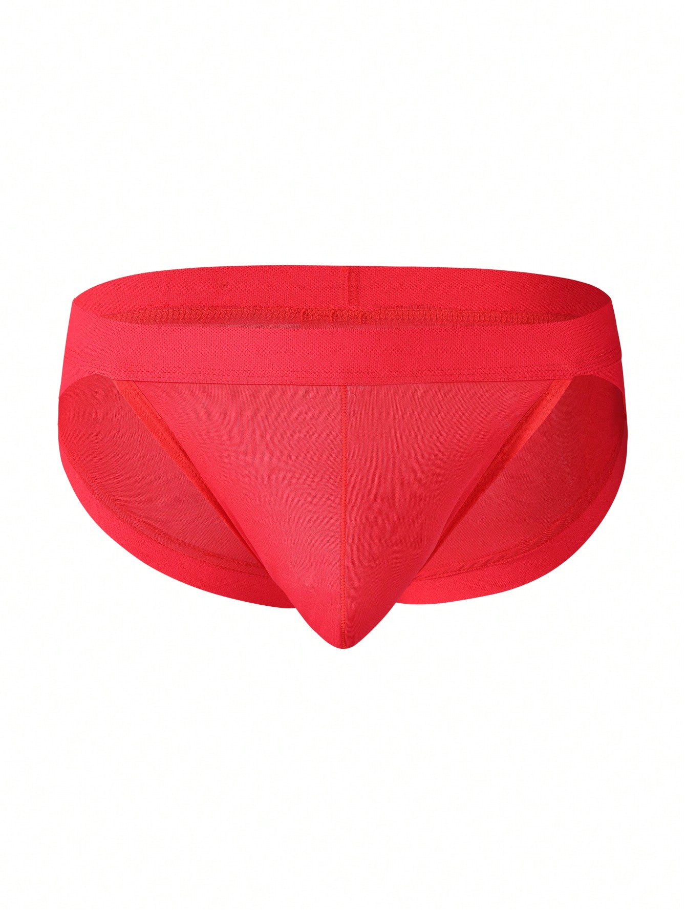 Red men's low rise thong underwear with lace panel, cut-out detail, and medium stretch knitted fabric.