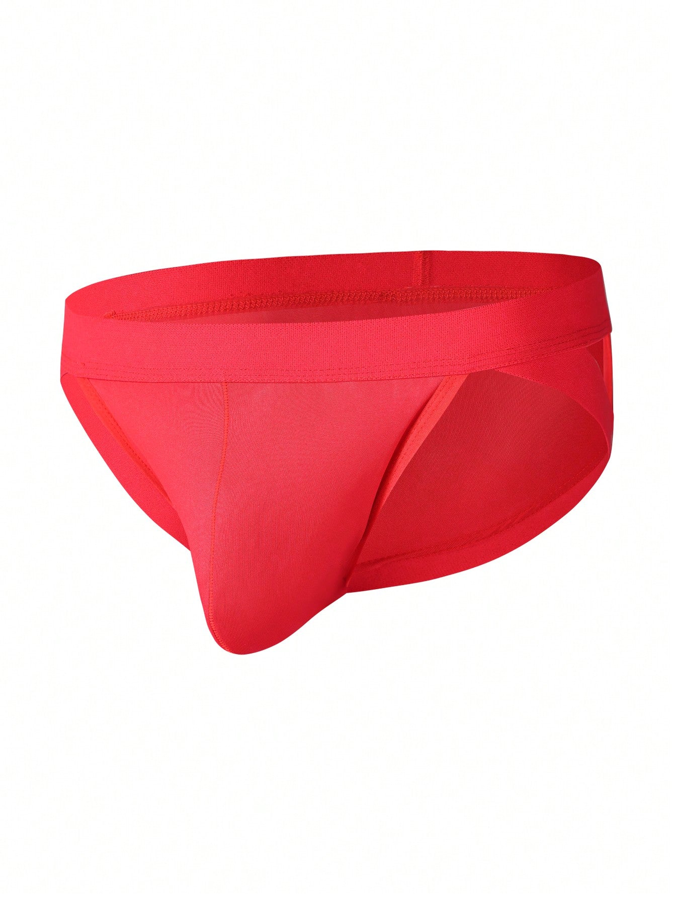 Red men's low rise thong underwear with lace panel, cut-out detail, and medium stretch knitted fabric.
