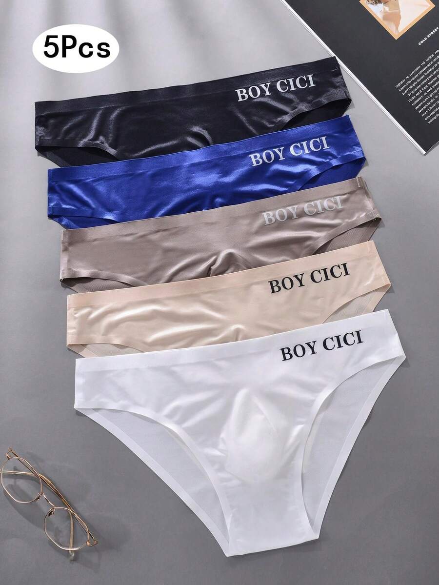 Pack of 5 men's low rise triangle briefs in sporty multicolor plain design made from lightweight stretch fabric.
