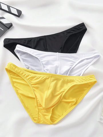 3-pack set of men's low-rise triangle briefs featuring breathable semi-sheer multicolor mesh fabric with medium stretch.