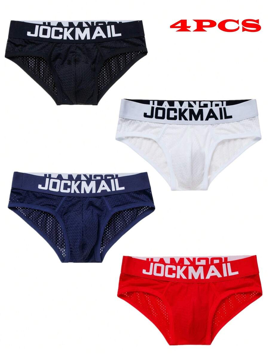 4-pack of men's sporty low-rise briefs featuring breathable mesh design and contrast binding in multicolor.