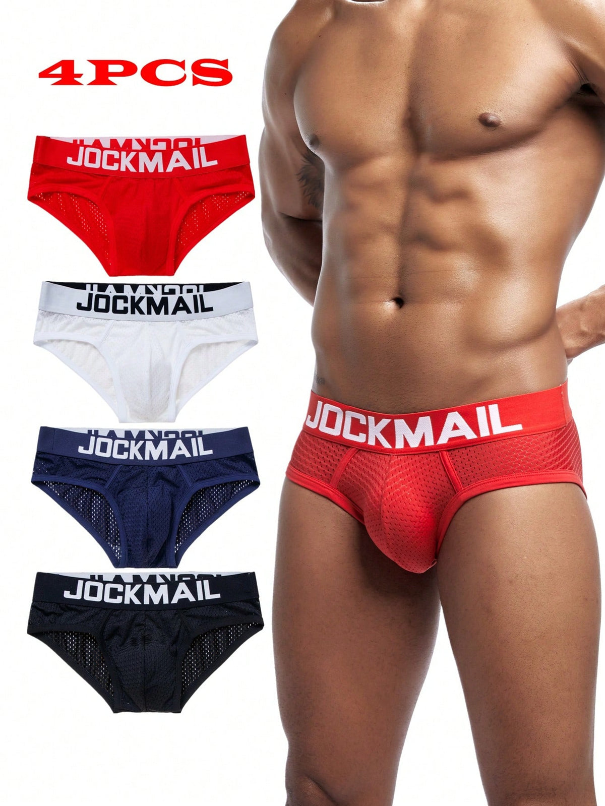 4-pack of men's sporty low-rise briefs featuring breathable mesh design and contrast binding in multicolor.
