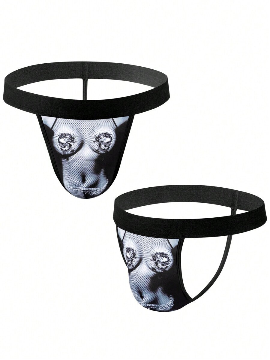 Multicolor men's Halloween thong briefs featuring contrast binding, tape details, and a mid-rise waist.