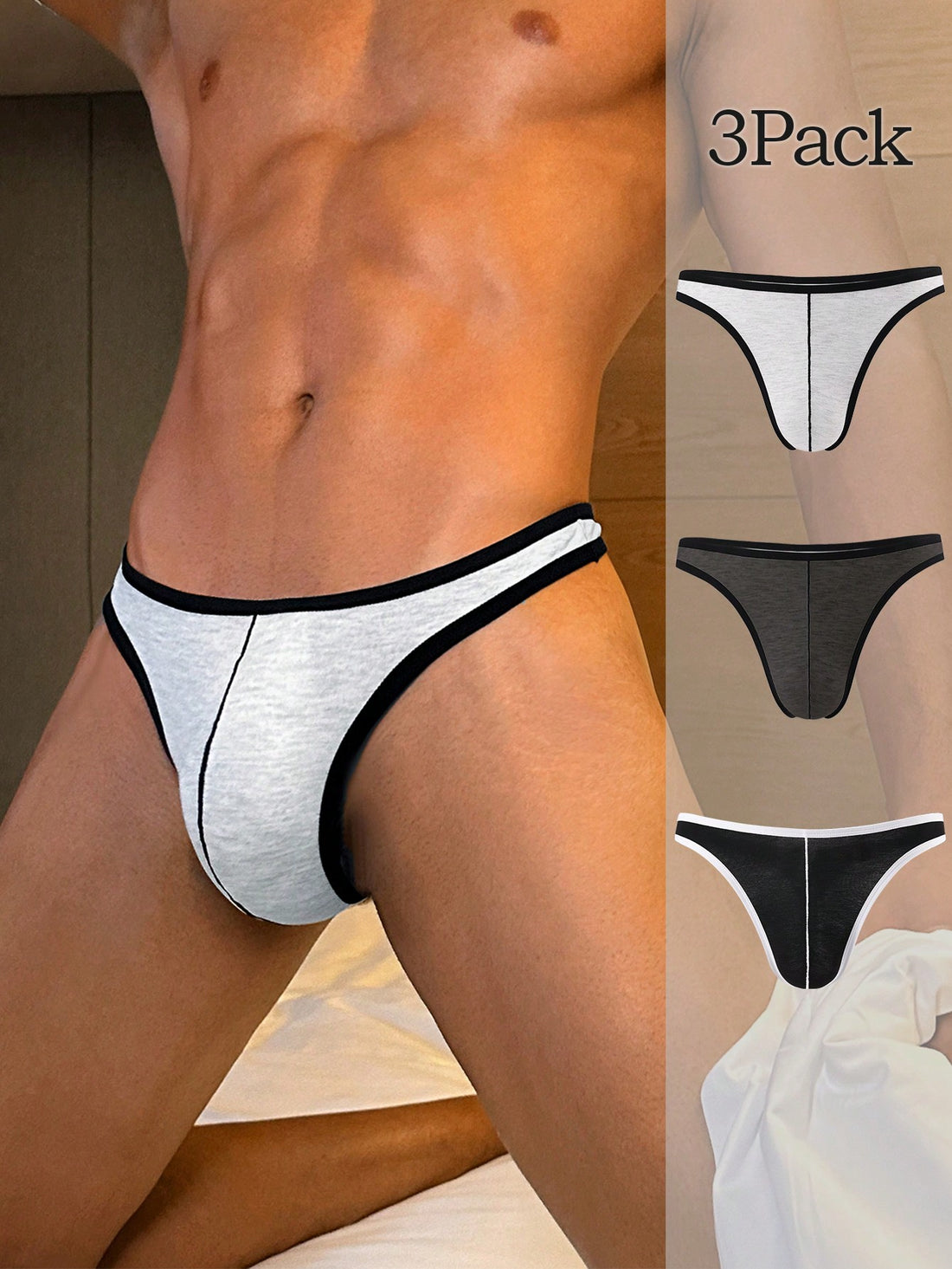 3-pack men's low-rise thongs with contrast binding, colorblock and plain design, made from viscose blend knitted fabric with medium stretch.