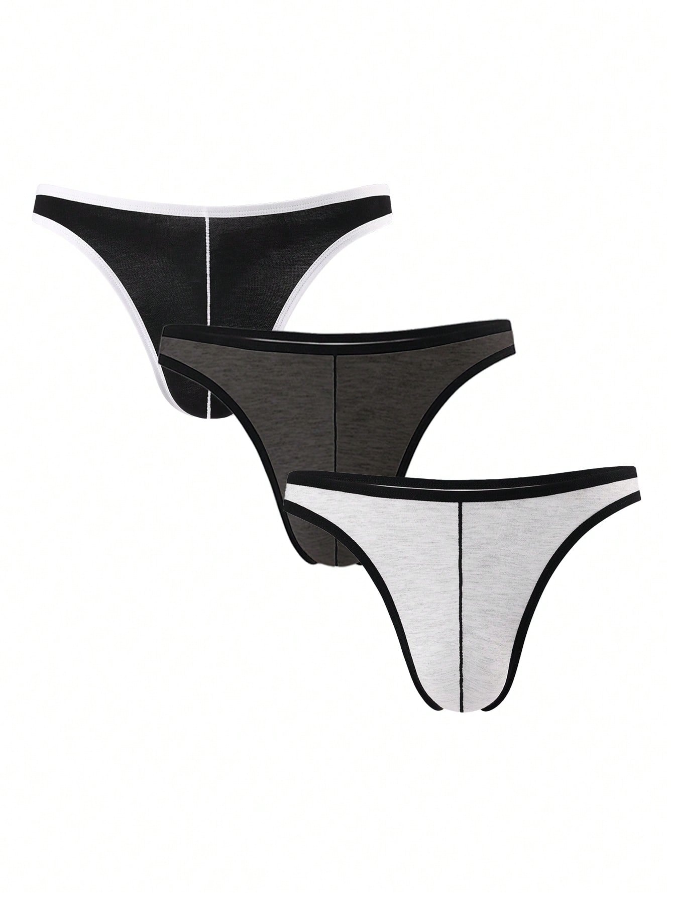 3-pack men's low-rise thongs with contrast binding, colorblock and plain design, made from viscose blend knitted fabric with medium stretch.