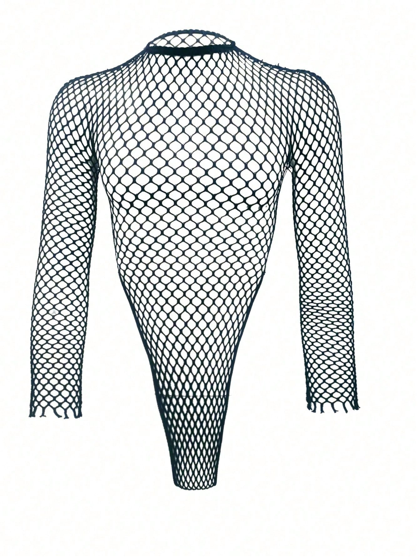 Black men's fishnet bodysuit with lace detailing, round neck, mid-rise fit, and suspender-style design in high-stretch knitted polyamide fabric.