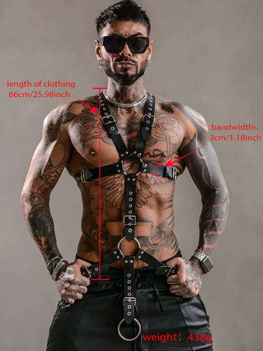Black PU leather chest harness for men with adjustable straps, rivet details, and a metal O-ring back design.