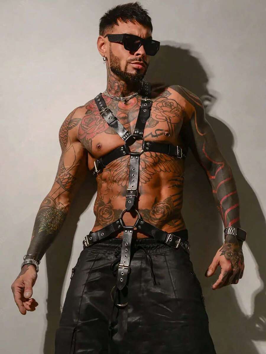 Black PU leather chest harness for men with adjustable straps, rivet details, and a metal O-ring back design.