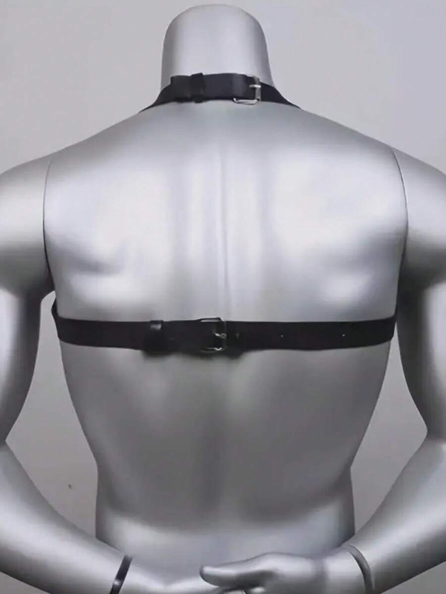 Men's black PU leather chest belt body harness with ring detail in cyberpunk style.