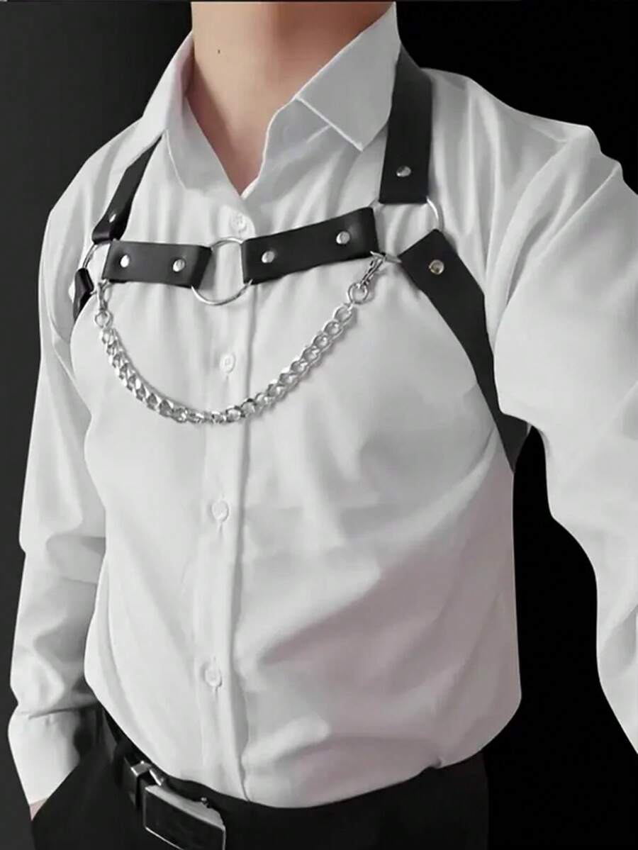 Men's black PU leather chest belt body harness with ring detail in cyberpunk style.